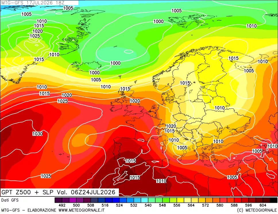 mappa GFS: Geopotenziale a 500 hPa + Pressione sul livello del mare