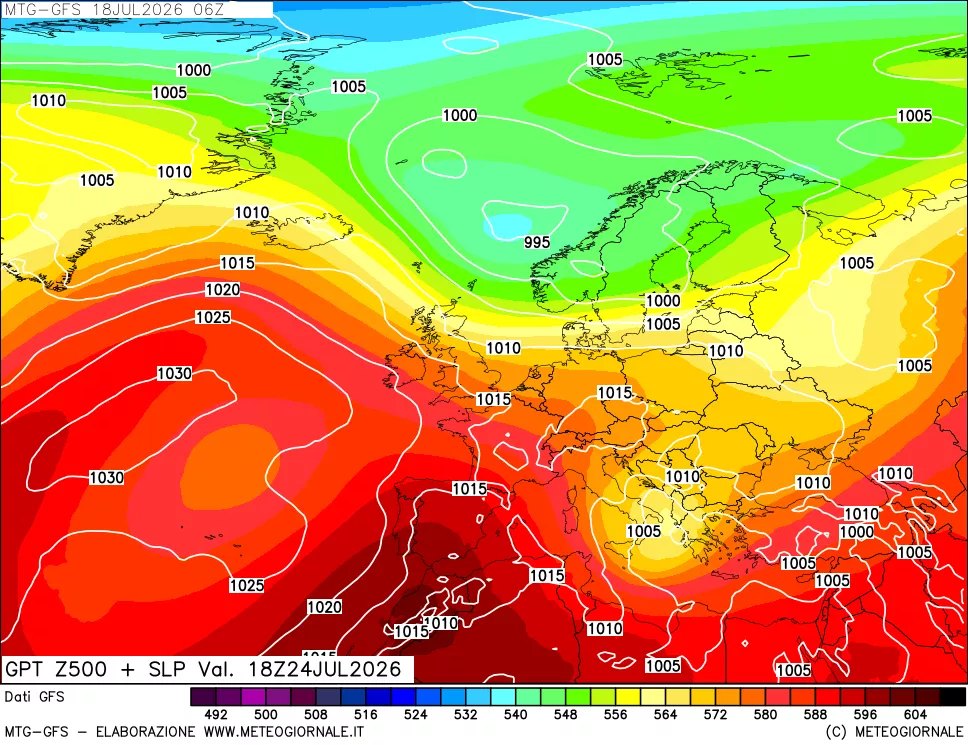 mappa GFS: Geopotenziale a 500 hPa + Pressione sul livello del mare