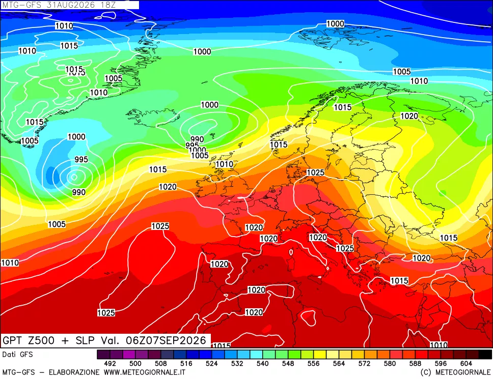 mappa GFS: Geopotenziale a 500 hPa + Pressione sul livello del mare