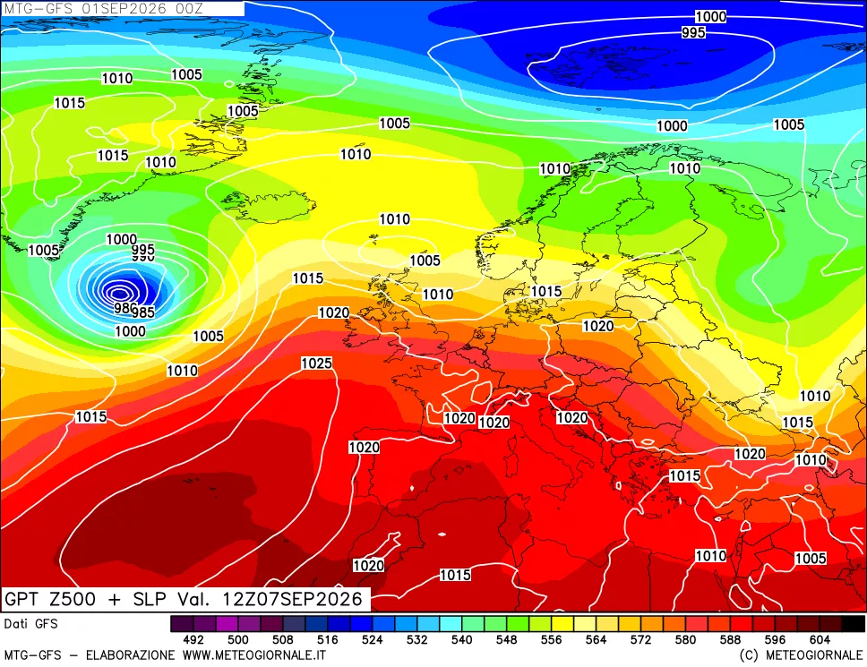 mappa GFS: Geopotenziale a 500 hPa + Pressione sul livello del mare
