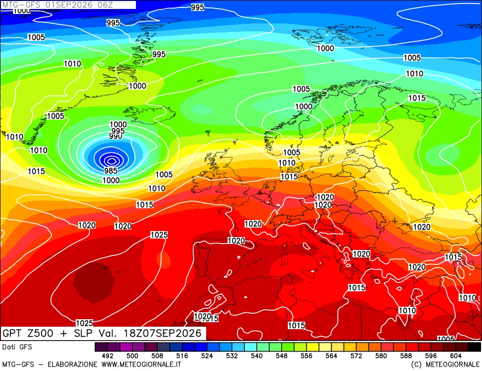 mappa GFS: Geopotenziale a 500 hPa + Pressione sul livello del mare