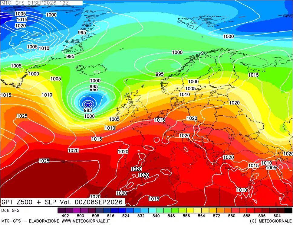 mappa GFS: Geopotenziale a 500 hPa + Pressione sul livello del mare