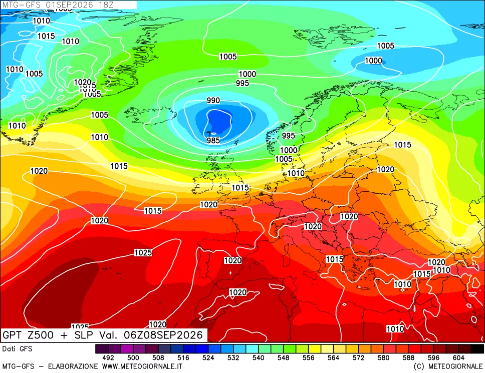 mappa GFS: Geopotenziale a 500 hPa + Pressione sul livello del mare