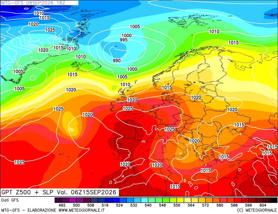 mappa GFS: Geopotenziale a 500 hPa + Pressione sul livello del mare