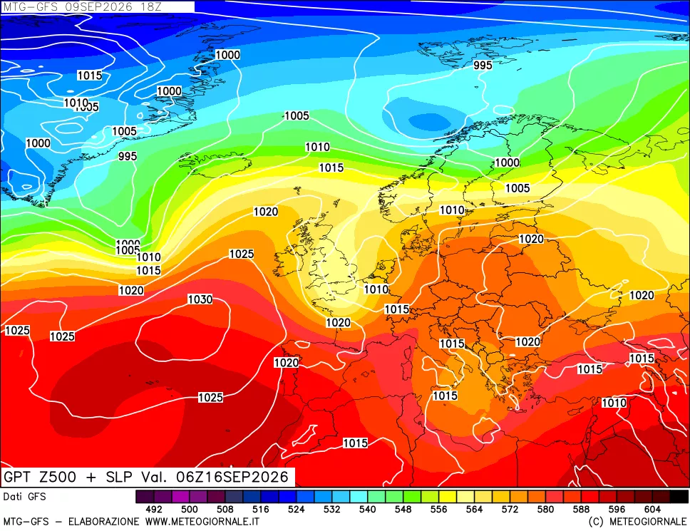 mappa GFS: Geopotenziale a 500 hPa + Pressione sul livello del mare