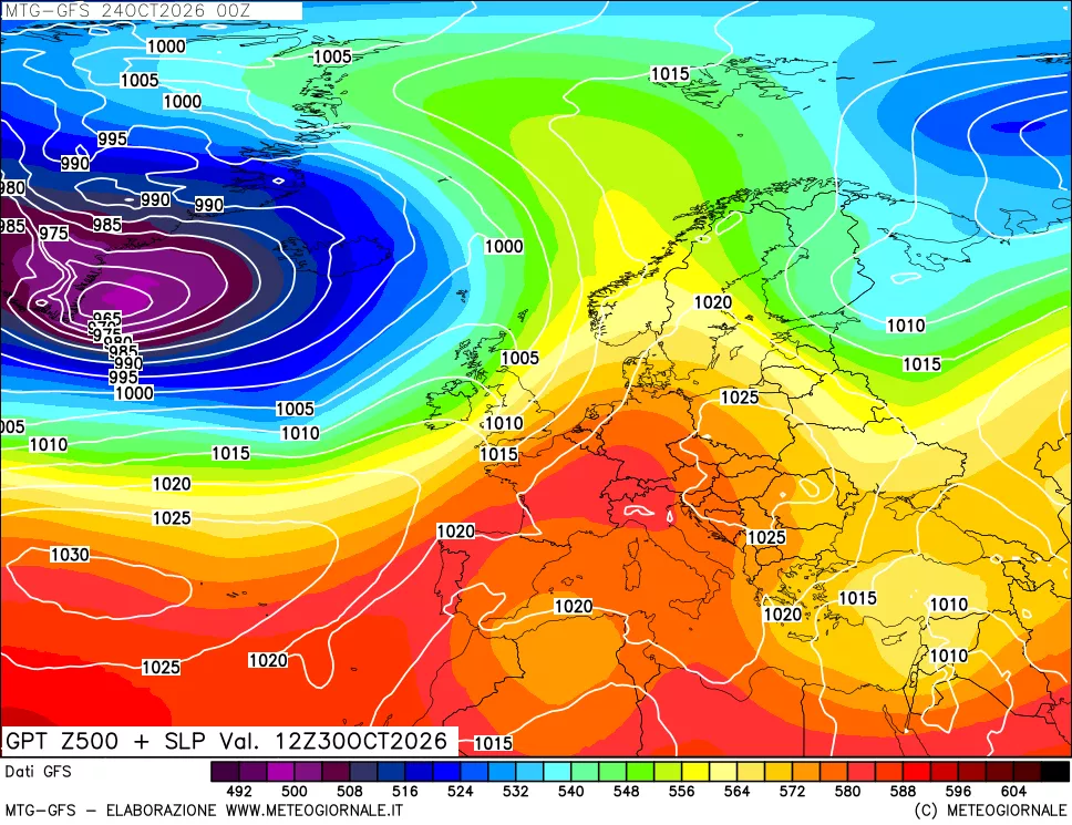 mappa GFS: Geopotenziale a 500 hPa + Pressione sul livello del mare