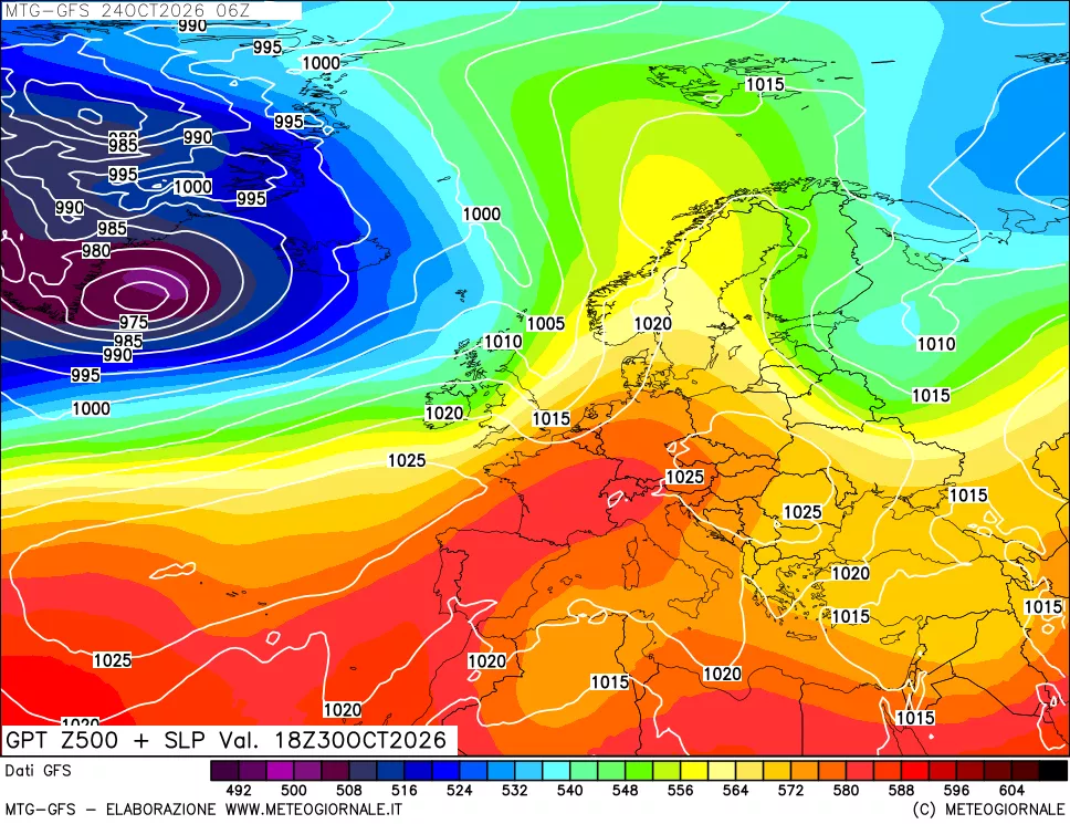 mappa GFS: Geopotenziale a 500 hPa + Pressione sul livello del mare