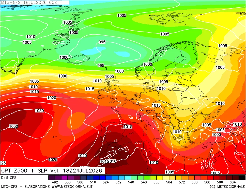 mappa GFS: Geopotenziale a 500 hPa + Pressione sul livello del mare