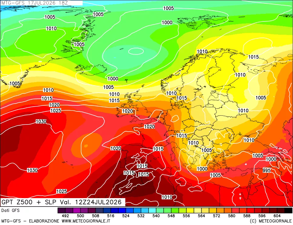 mappa GFS: Geopotenziale a 500 hPa + Pressione sul livello del mare
