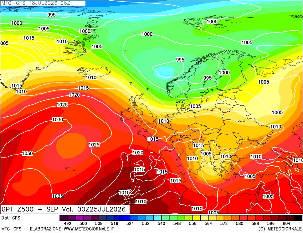 mappa GFS: Geopotenziale a 500 hPa + Pressione sul livello del mare