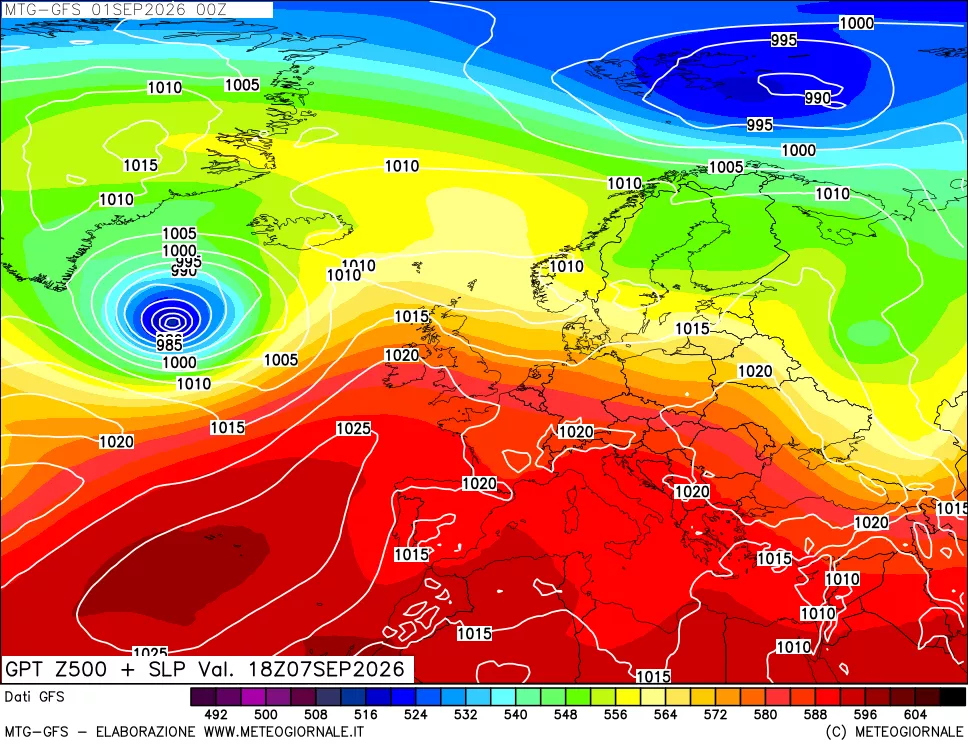 mappa GFS: Geopotenziale a 500 hPa + Pressione sul livello del mare