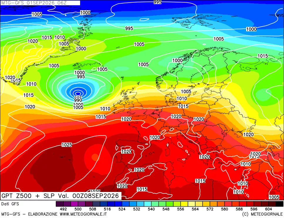 mappa GFS: Geopotenziale a 500 hPa + Pressione sul livello del mare