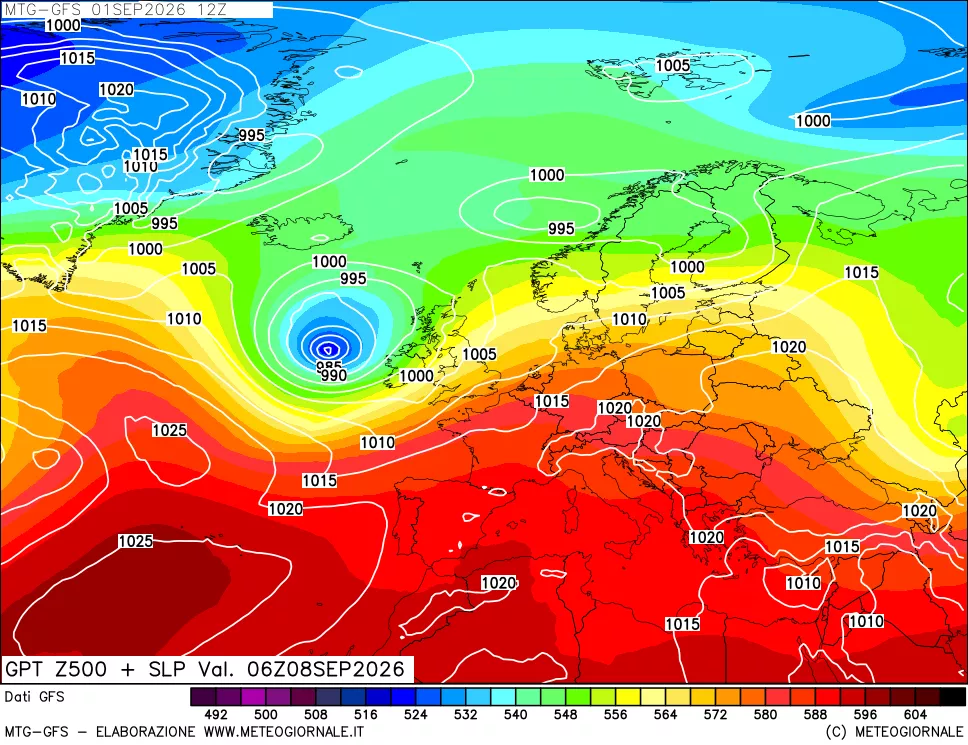 mappa GFS: Geopotenziale a 500 hPa + Pressione sul livello del mare