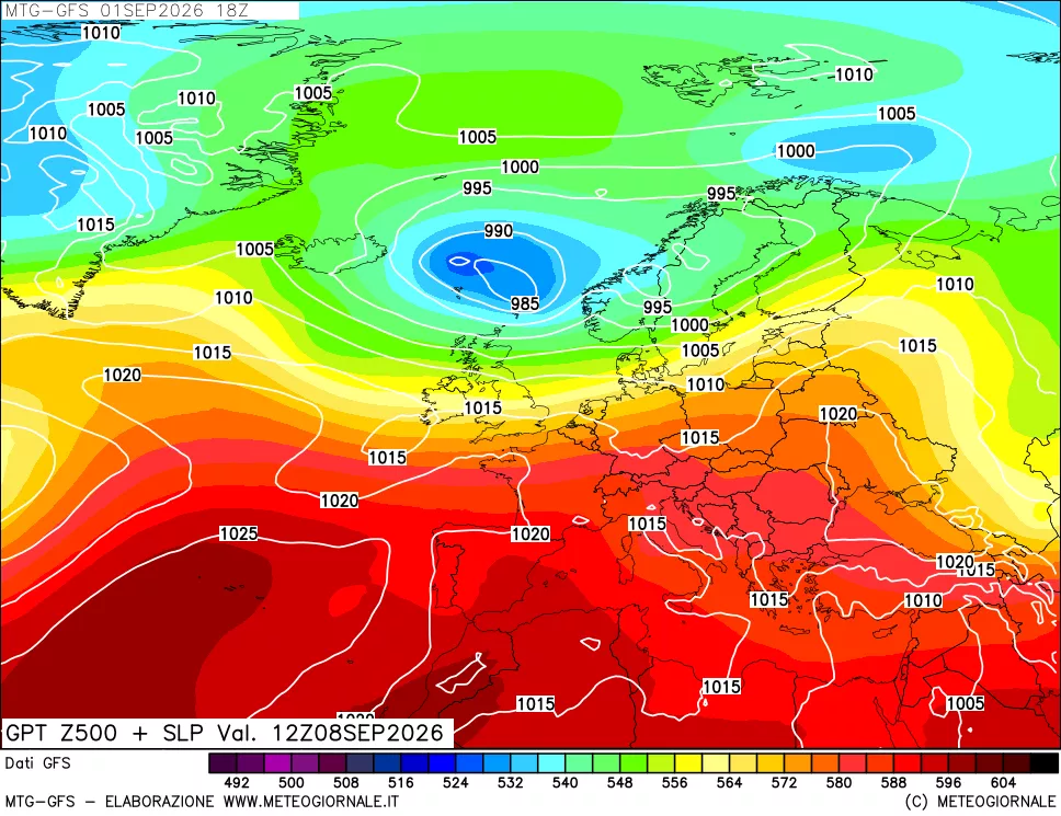 mappa GFS: Geopotenziale a 500 hPa + Pressione sul livello del mare