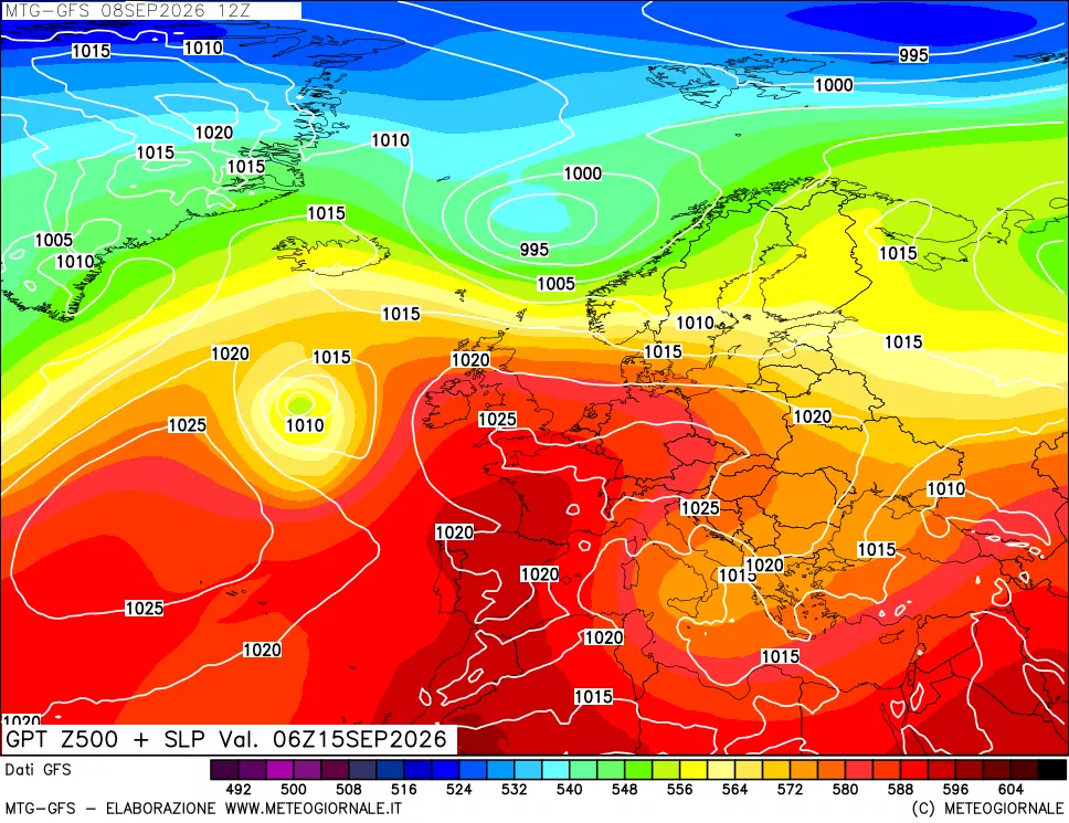mappa GFS: Geopotenziale a 500 hPa + Pressione sul livello del mare