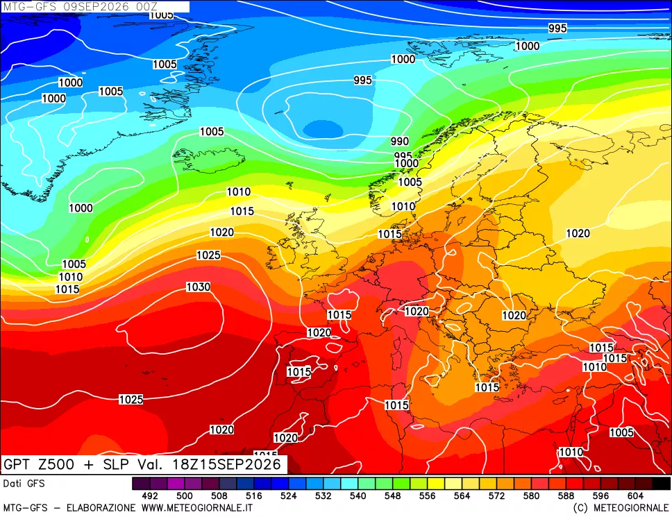 mappa GFS: Geopotenziale a 500 hPa + Pressione sul livello del mare