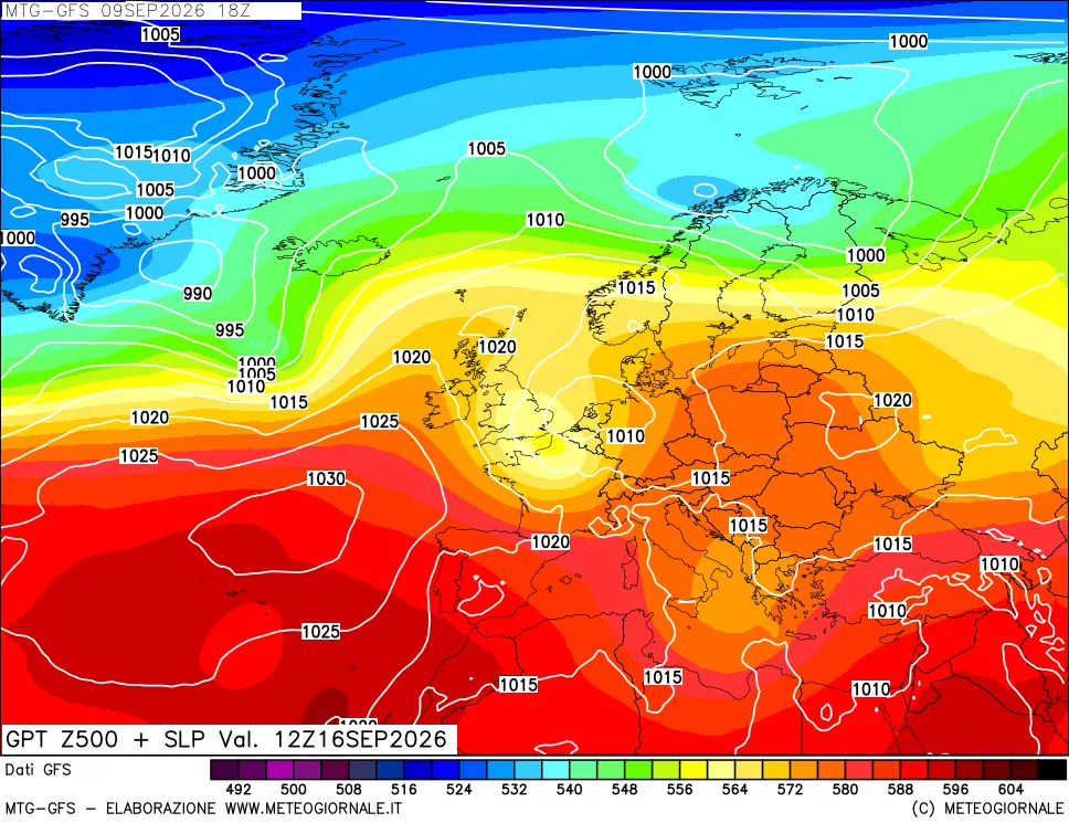 mappa GFS: Geopotenziale a 500 hPa + Pressione sul livello del mare