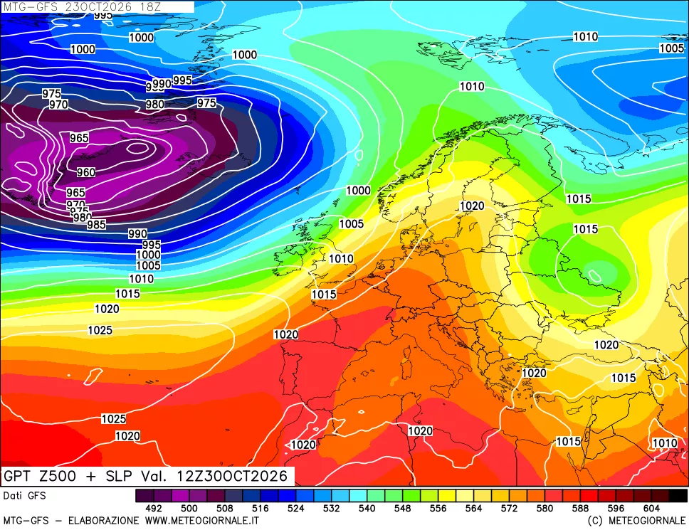mappa GFS: Geopotenziale a 500 hPa + Pressione sul livello del mare