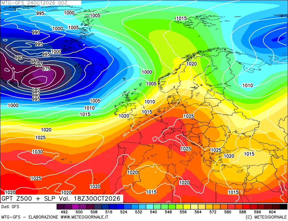 mappa GFS: Geopotenziale a 500 hPa + Pressione sul livello del mare