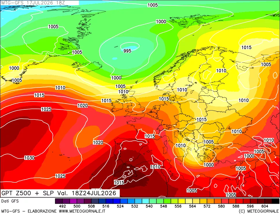 mappa GFS: Geopotenziale a 500 hPa + Pressione sul livello del mare