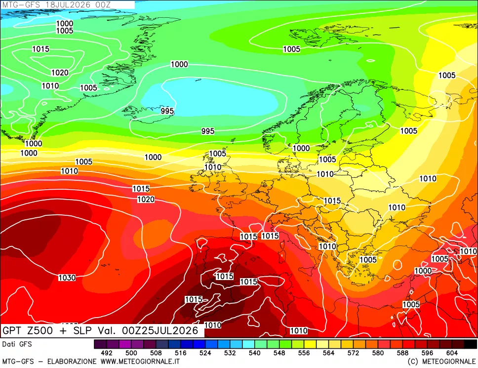 mappa GFS: Geopotenziale a 500 hPa + Pressione sul livello del mare