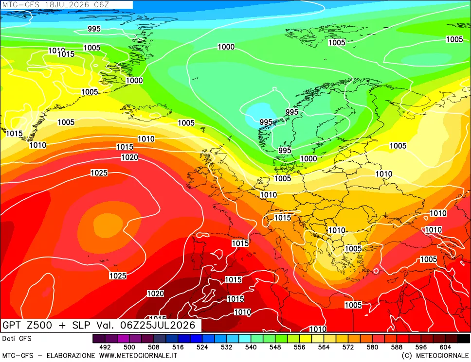 mappa GFS: Geopotenziale a 500 hPa + Pressione sul livello del mare