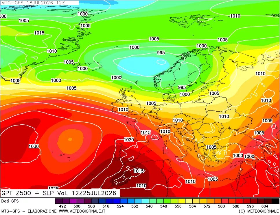 mappa GFS: Geopotenziale a 500 hPa + Pressione sul livello del mare