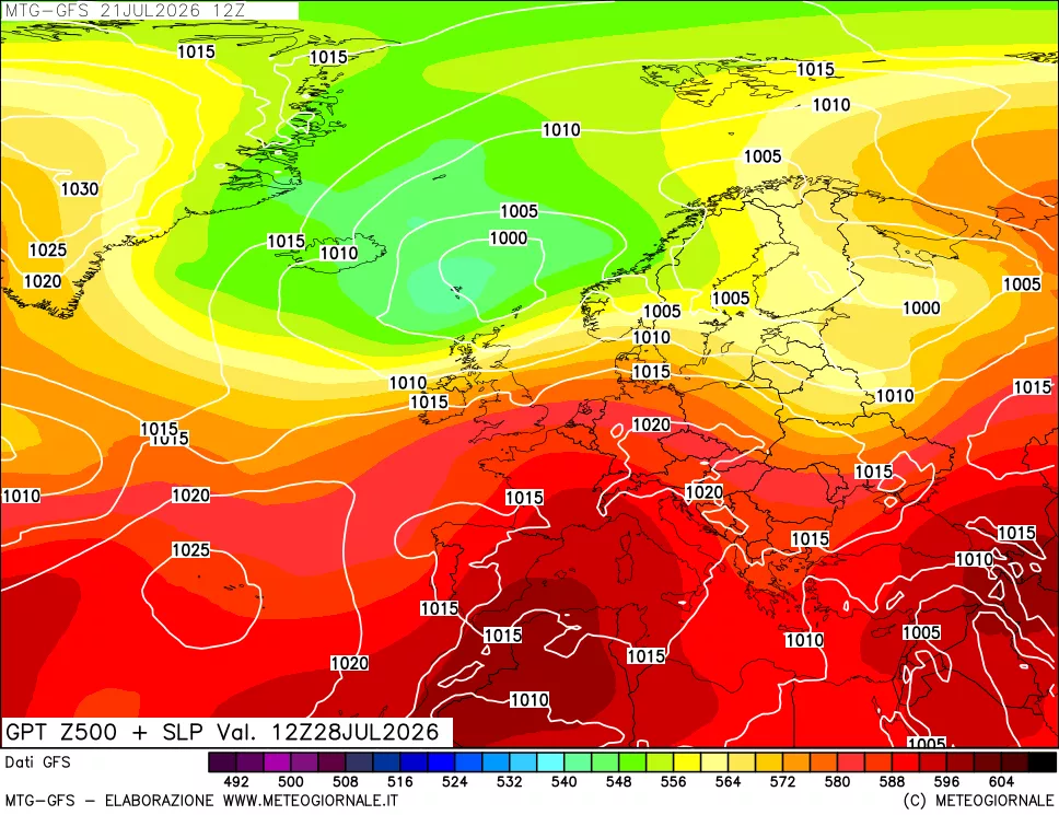 mappa GFS: Geopotenziale a 500 hPa + Pressione sul livello del mare