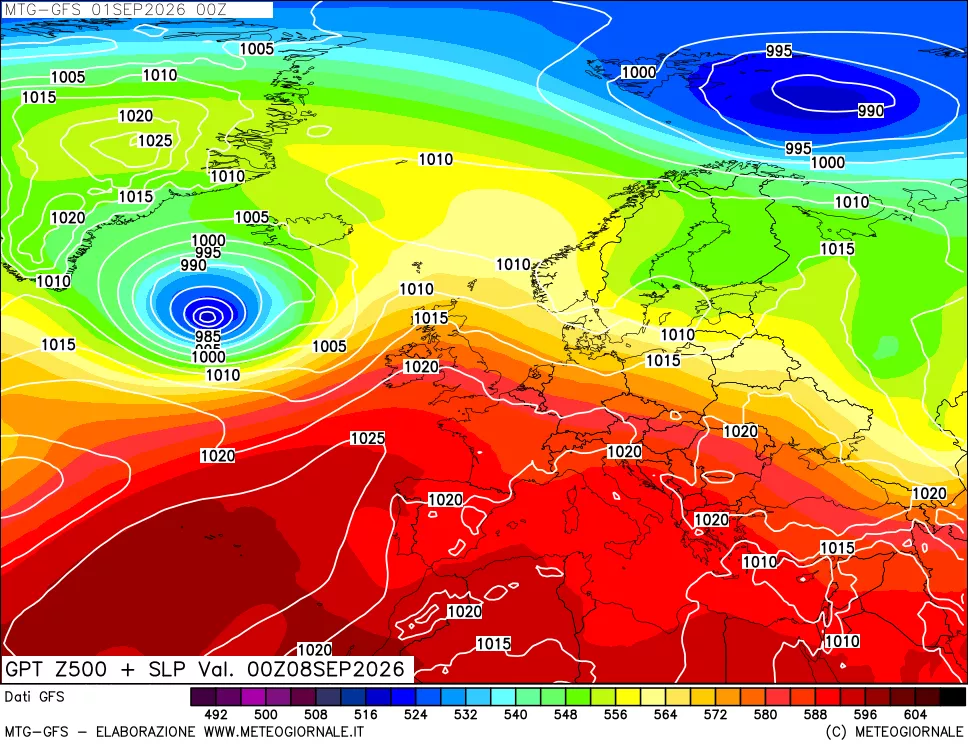 mappa GFS: Geopotenziale a 500 hPa + Pressione sul livello del mare