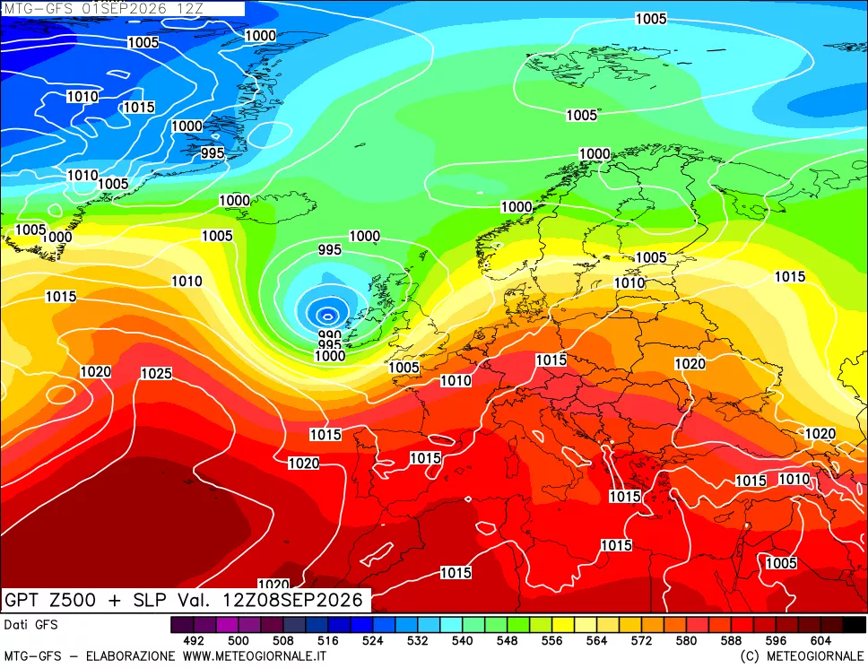 mappa GFS: Geopotenziale a 500 hPa + Pressione sul livello del mare
