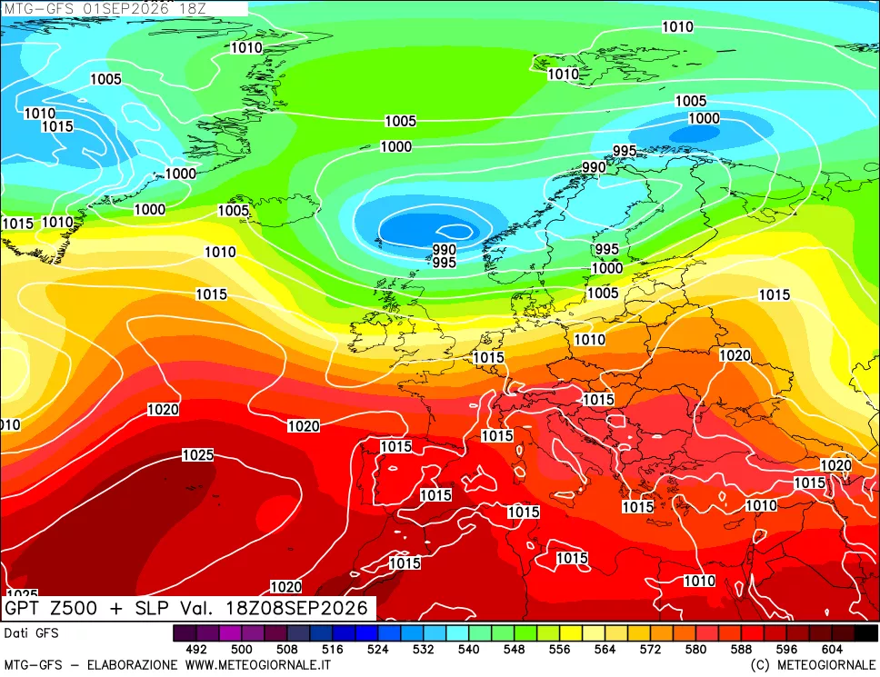mappa GFS: Geopotenziale a 500 hPa + Pressione sul livello del mare