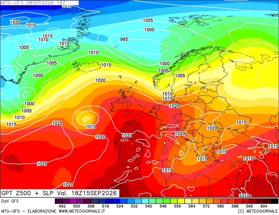 mappa GFS: Geopotenziale a 500 hPa + Pressione sul livello del mare