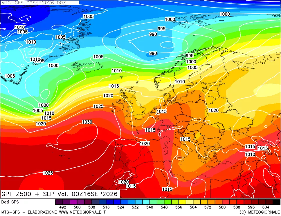 mappa GFS: Geopotenziale a 500 hPa + Pressione sul livello del mare