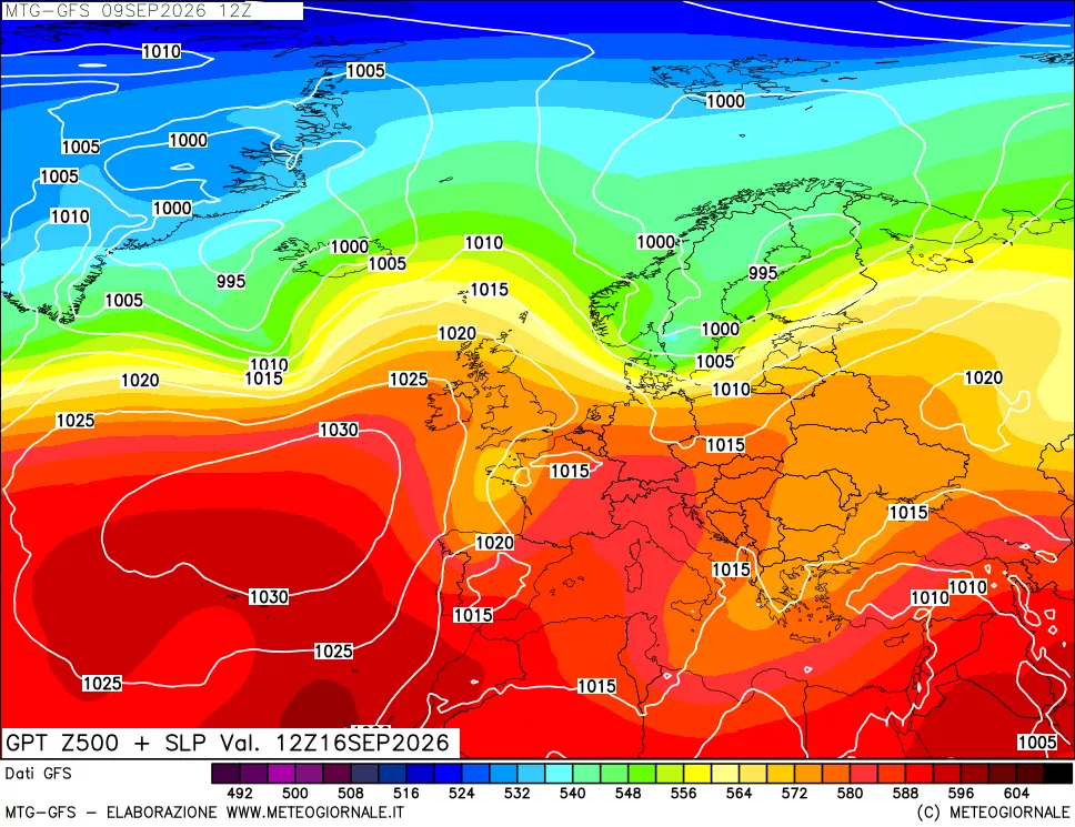 mappa GFS: Geopotenziale a 500 hPa + Pressione sul livello del mare