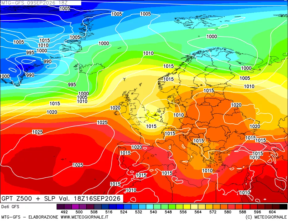 mappa GFS: Geopotenziale a 500 hPa + Pressione sul livello del mare