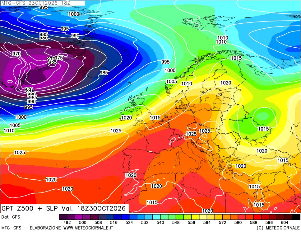 mappa GFS: Geopotenziale a 500 hPa + Pressione sul livello del mare