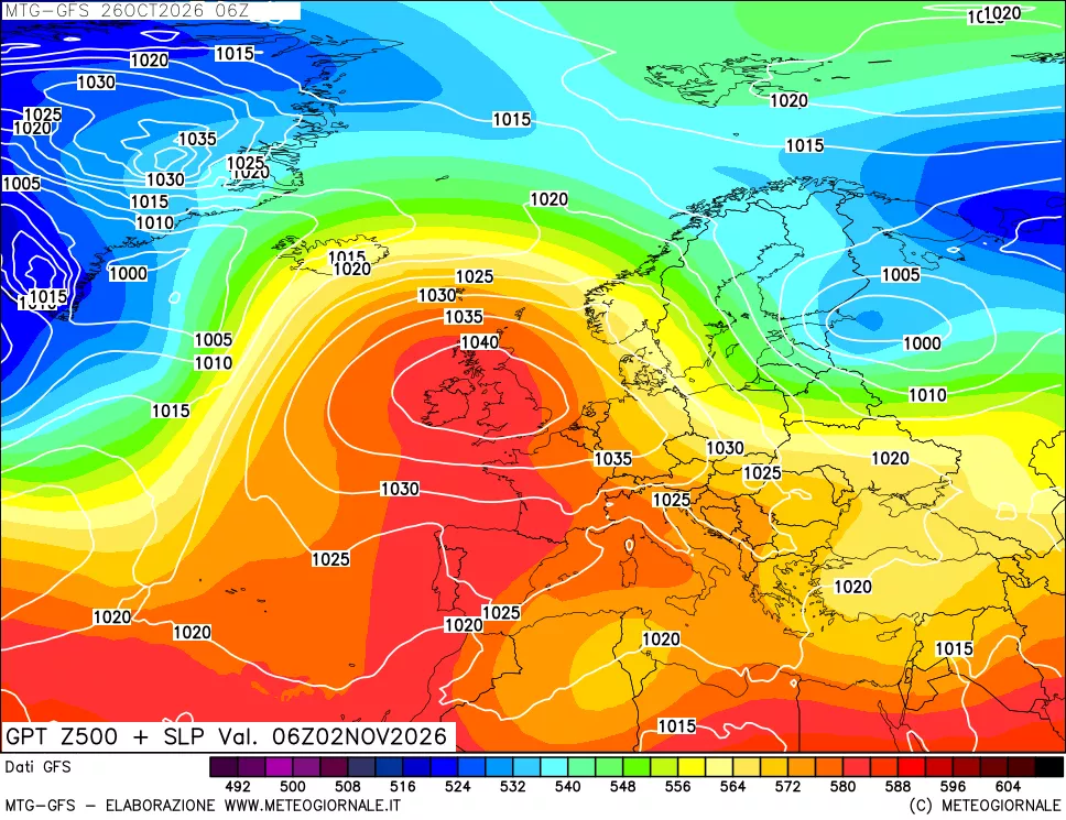 mappa GFS: Geopotenziale a 500 hPa + Pressione sul livello del mare