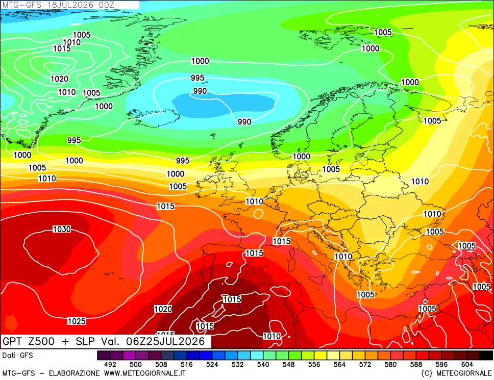 mappa GFS: Geopotenziale a 500 hPa + Pressione sul livello del mare