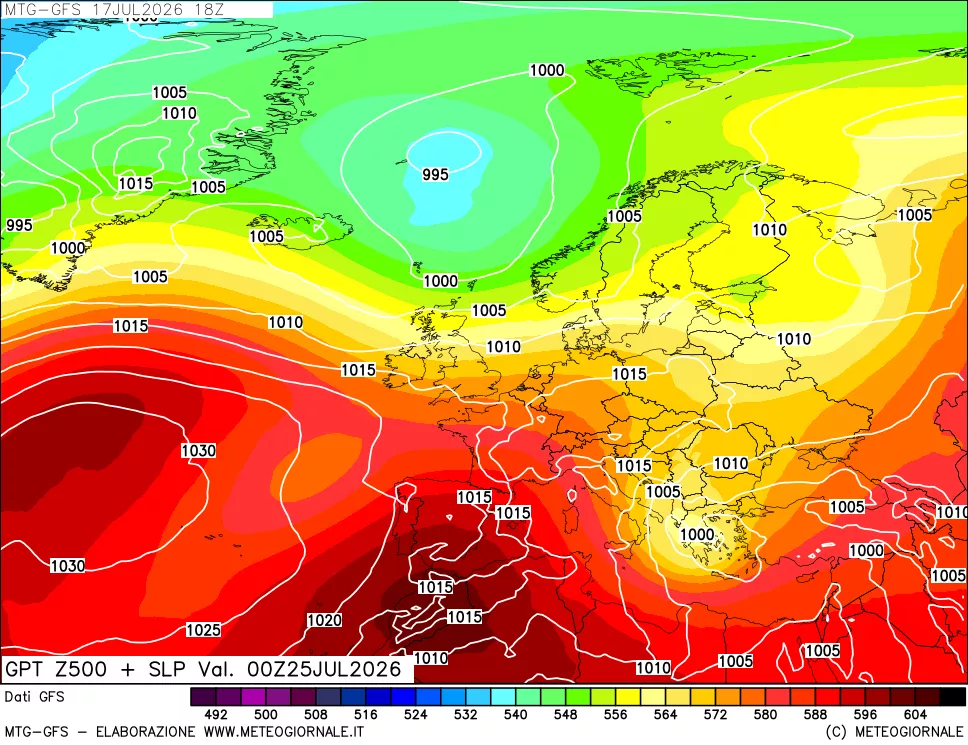 mappa GFS: Geopotenziale a 500 hPa + Pressione sul livello del mare