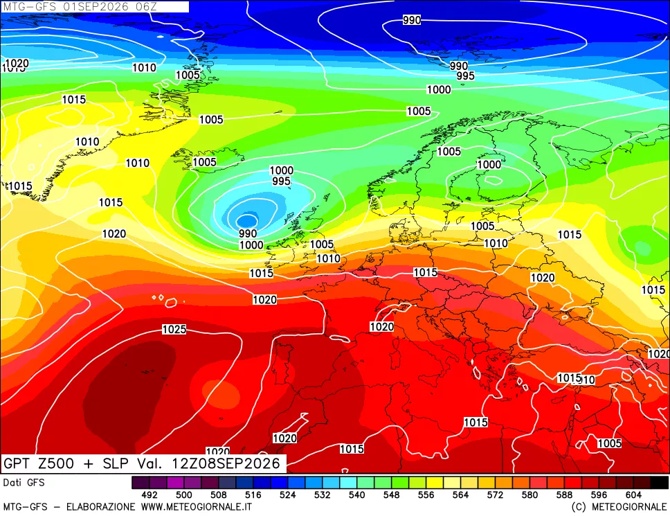 mappa GFS: Geopotenziale a 500 hPa + Pressione sul livello del mare