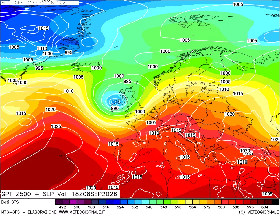 mappa GFS: Geopotenziale a 500 hPa + Pressione sul livello del mare