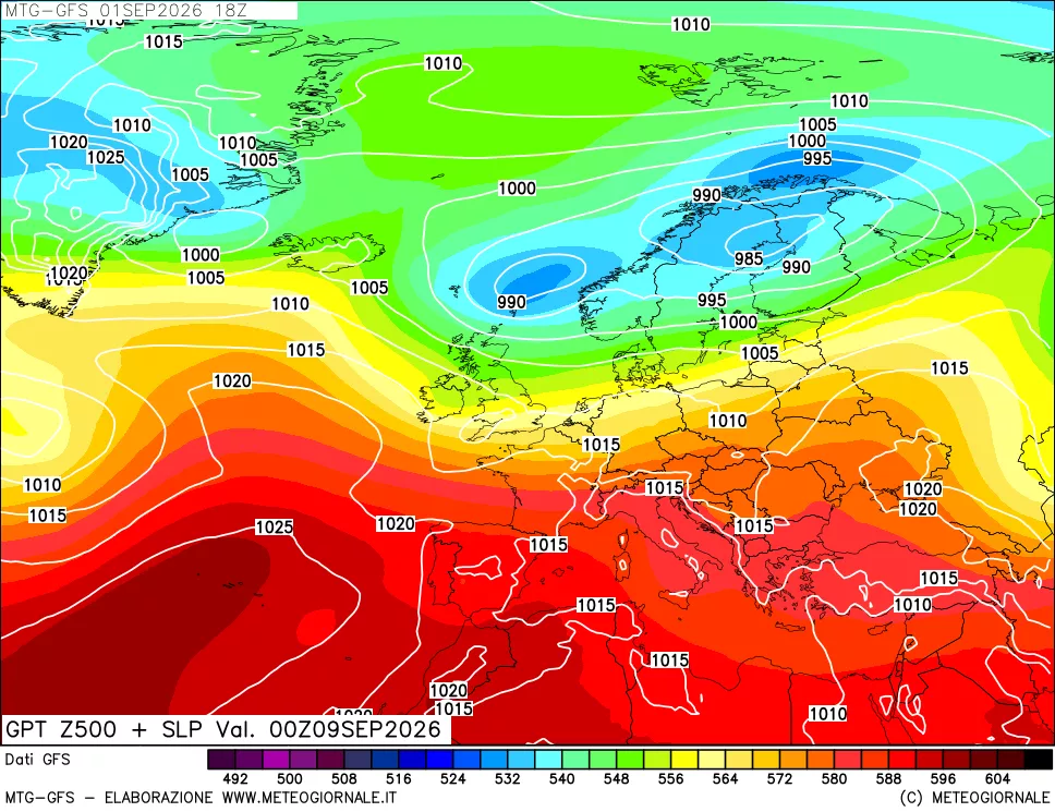 mappa GFS: Geopotenziale a 500 hPa + Pressione sul livello del mare