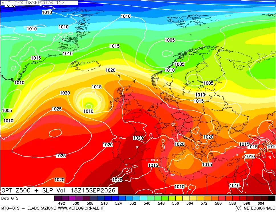 mappa GFS: Geopotenziale a 500 hPa + Pressione sul livello del mare