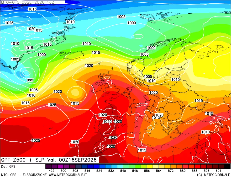 mappa GFS: Geopotenziale a 500 hPa + Pressione sul livello del mare