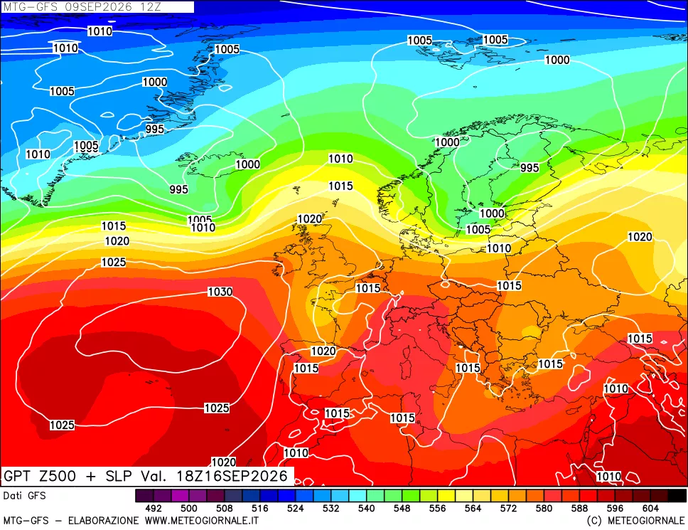 mappa GFS: Geopotenziale a 500 hPa + Pressione sul livello del mare