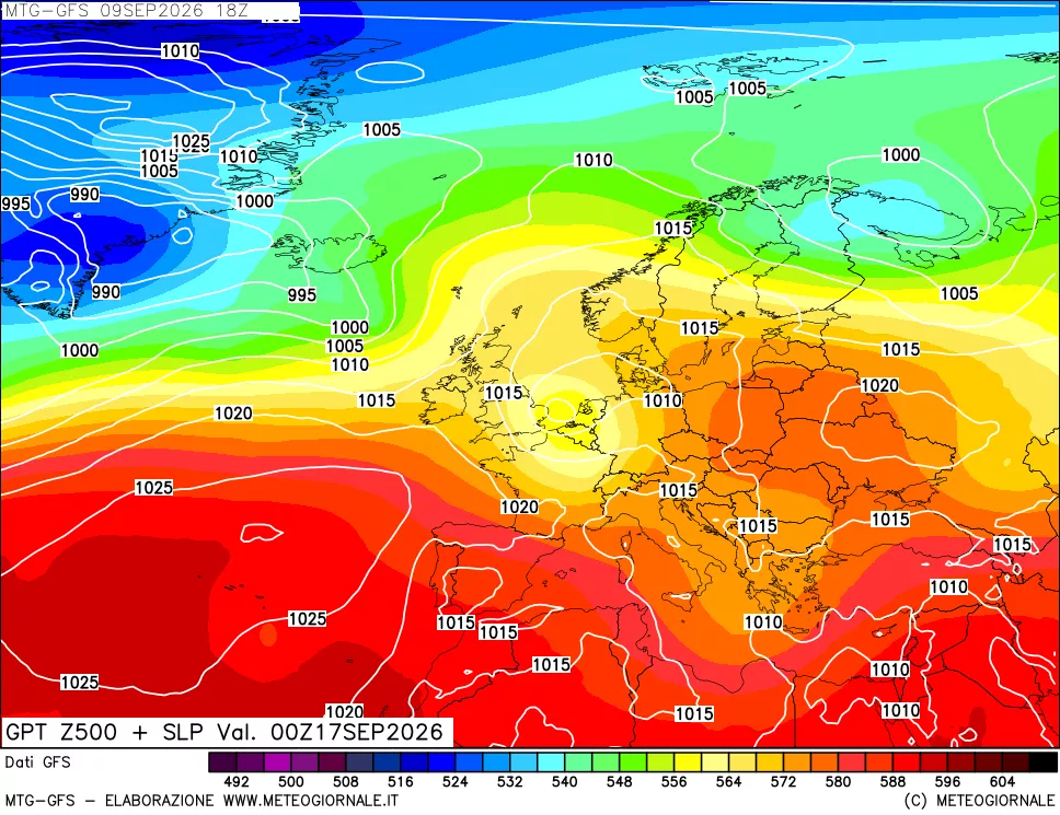 mappa GFS: Geopotenziale a 500 hPa + Pressione sul livello del mare