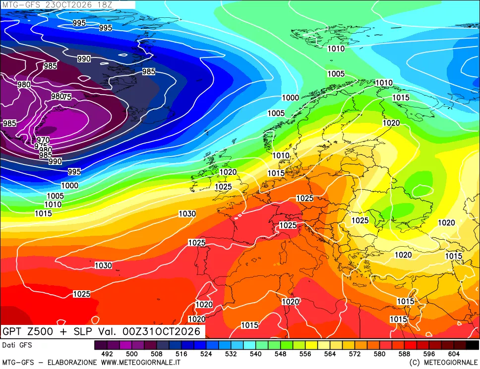 mappa GFS: Geopotenziale a 500 hPa + Pressione sul livello del mare