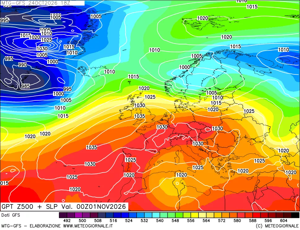 mappa GFS: Geopotenziale a 500 hPa + Pressione sul livello del mare