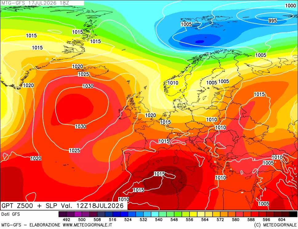 mappa GFS: Geopotenziale a 500 hPa + Pressione sul livello del mare