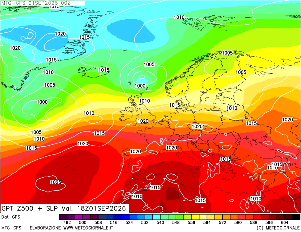 mappa GFS: Geopotenziale a 500 hPa + Pressione sul livello del mare